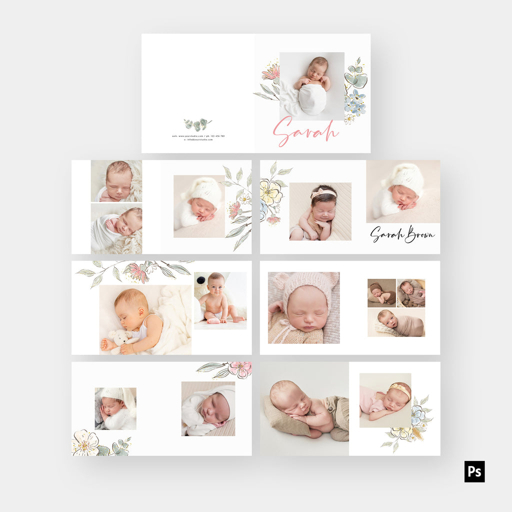 Watercolor Flowers - Newborn Album Template-Template-Salsal Design